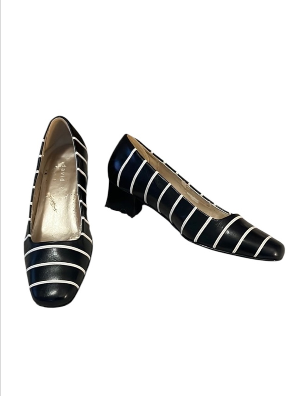 David Tate Womens Black and White Striped Leather Slip On Pumps Heels Sz 6.5W